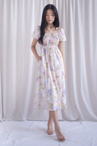 Marcia Watercolour Floral Puffy Sleeves Smocked Maxi Dress In Pink