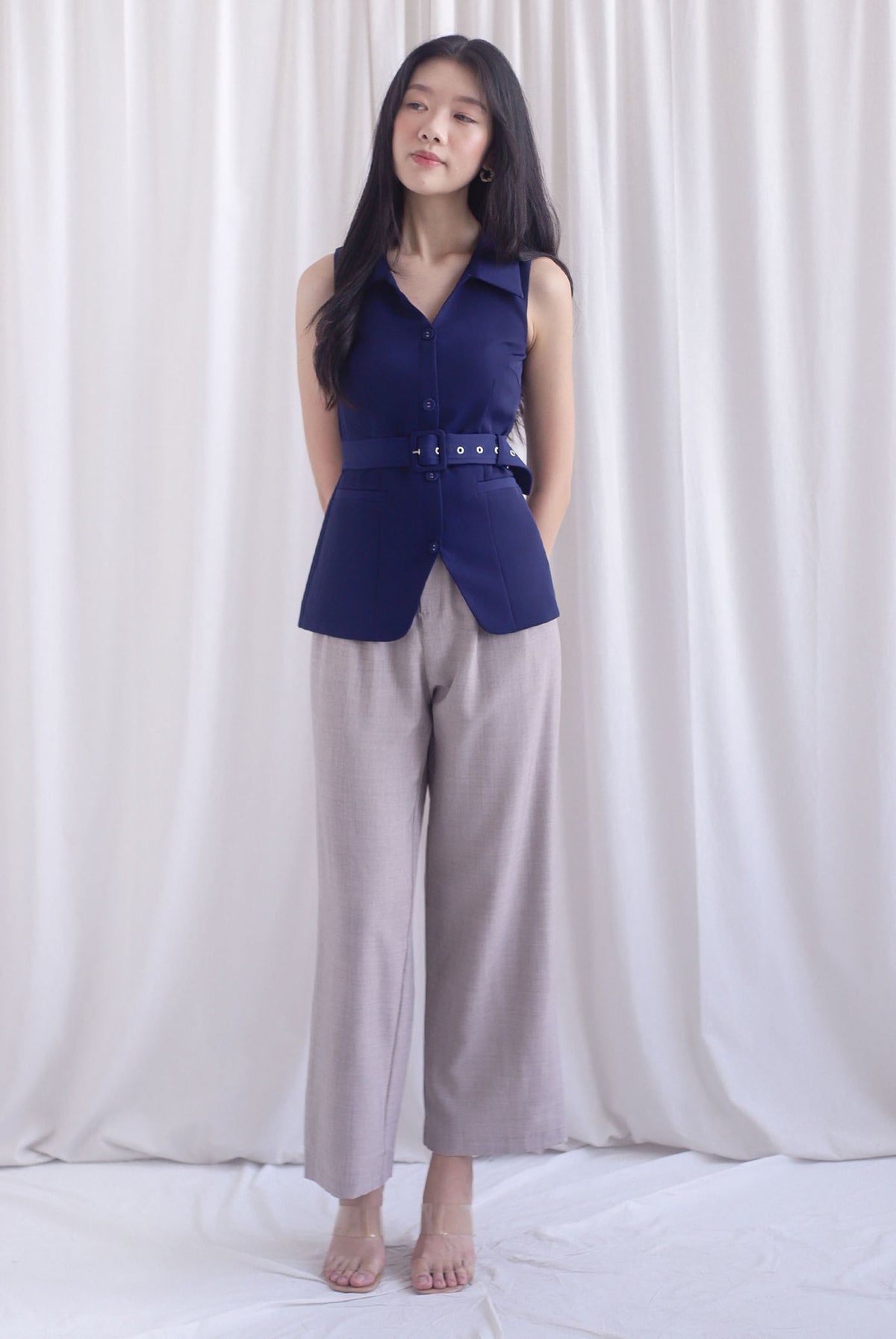 Margaux Collar Front Zip Top In Navy Blue