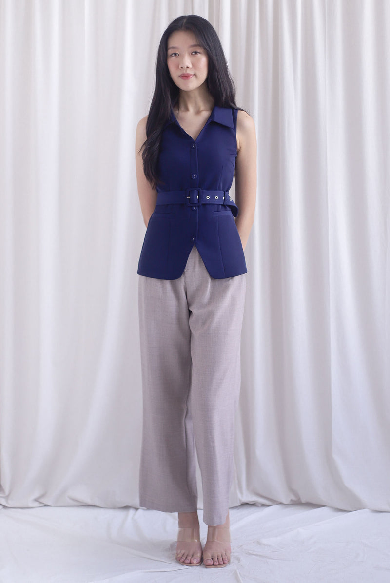 Margaux Collar Front Zip Top In Navy Blue