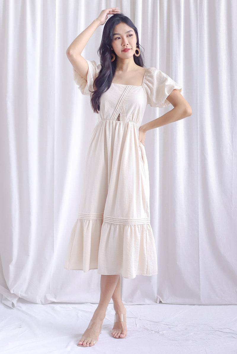 Marisa Puffy Sleeve Pintuck Cut Out Maxi Dress In Cream