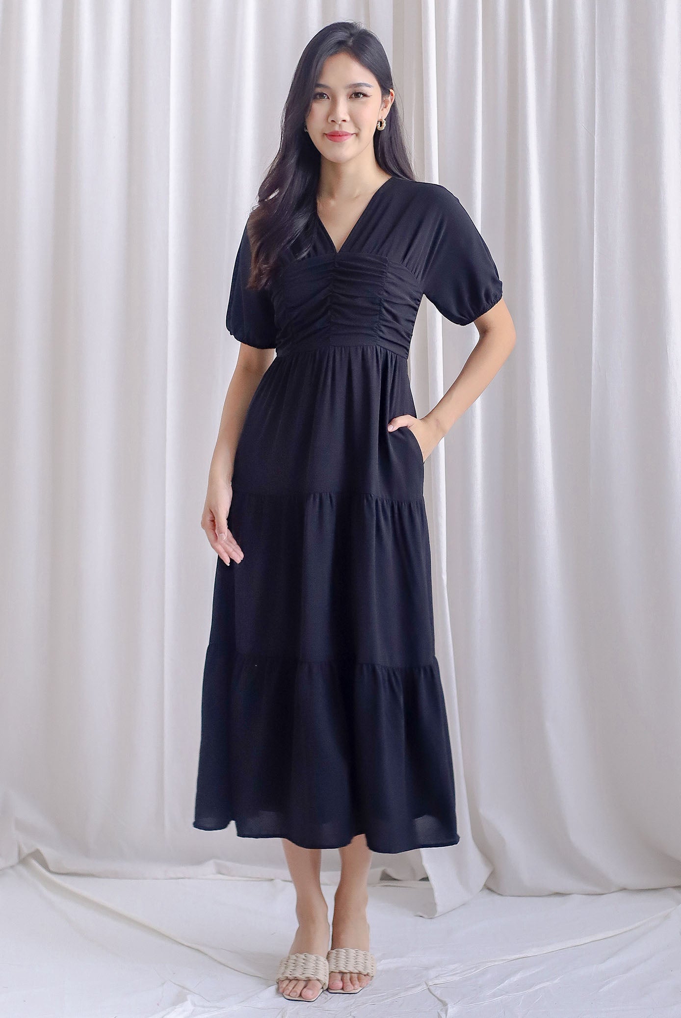 Jozelle Long Sleeve Ruched Maxi Dress Black