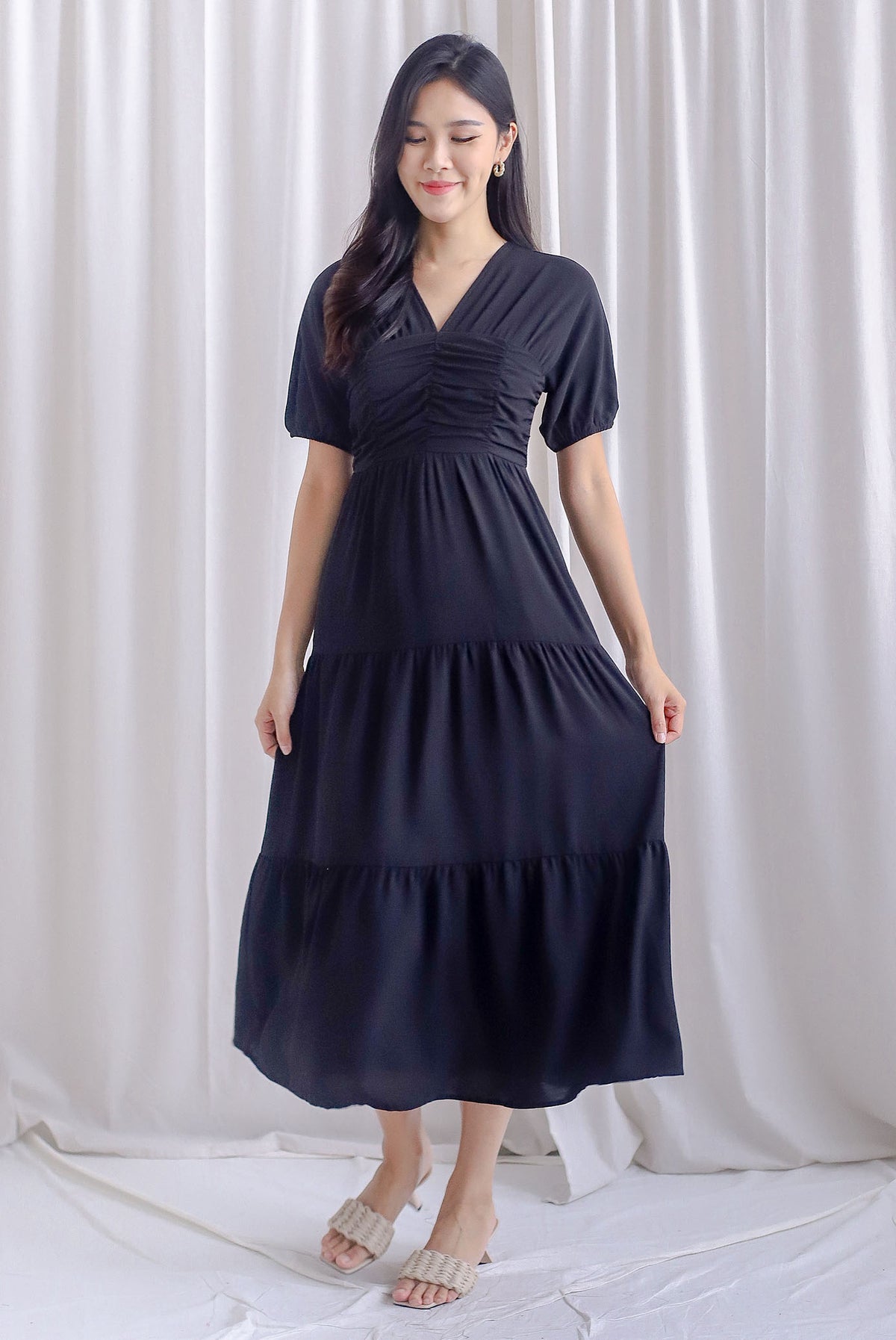 Maybelle Puffy Sleeve Ruched Maxi Dress In Black