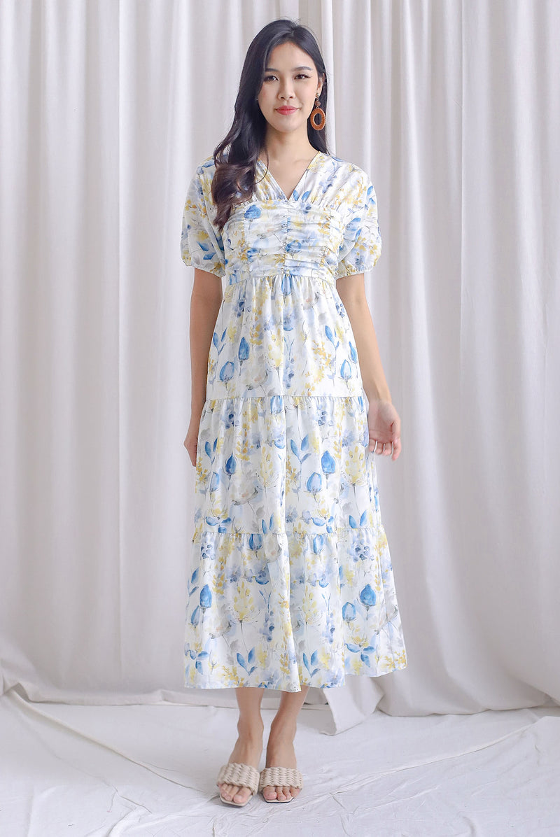 Maybelle Puffy Sleeve Ruched Maxi Dress In Floral