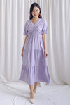 Maybelle Puffy Sleeve Ruched Maxi Dress In Lavander