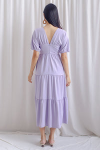 Maybelle Puffy Sleeve Ruched Maxi Dress In Lavander