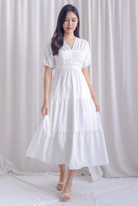 Maybelle Puffy Sleeve Ruched Maxi Dress In White