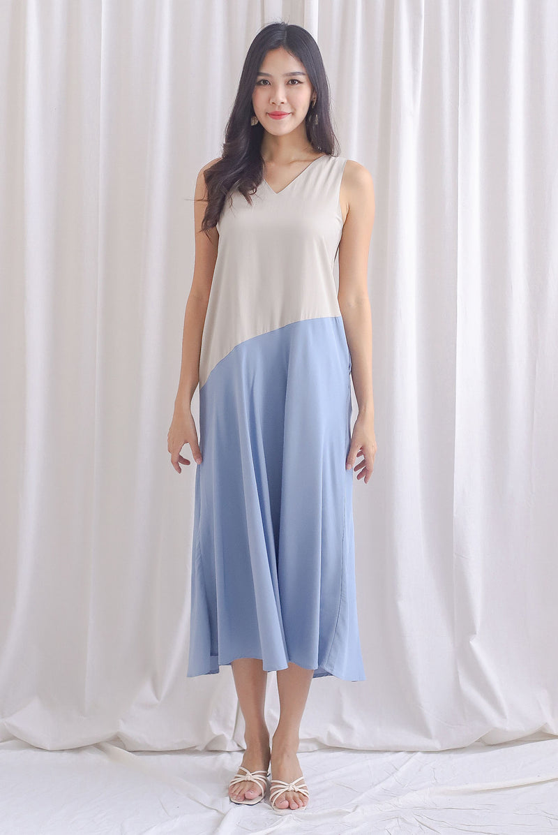 Mazee Colour Block Two Way Trapeze Maxi Dress In Taupe/Blue