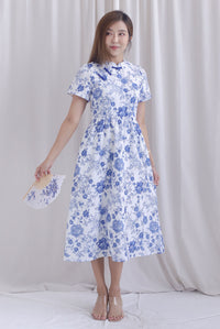 Melissa Porcelain Sleeve Skater Cheong Sam Dress In Blue