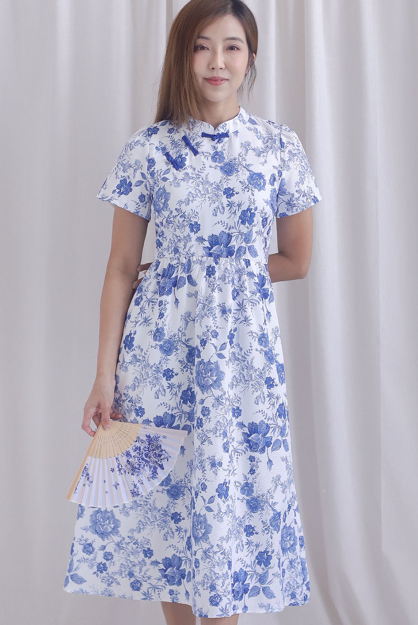 Melissa Porcelain Sleeve Skater Cheong Sam Dress In Blue