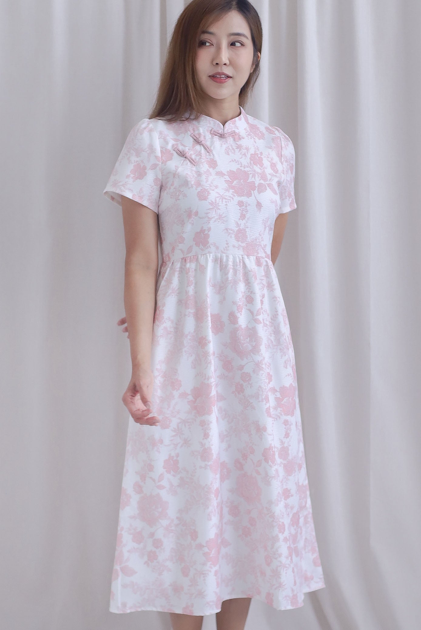 Melissa Porcelain Sleeve Skater Cheong Sam Dress In Pink