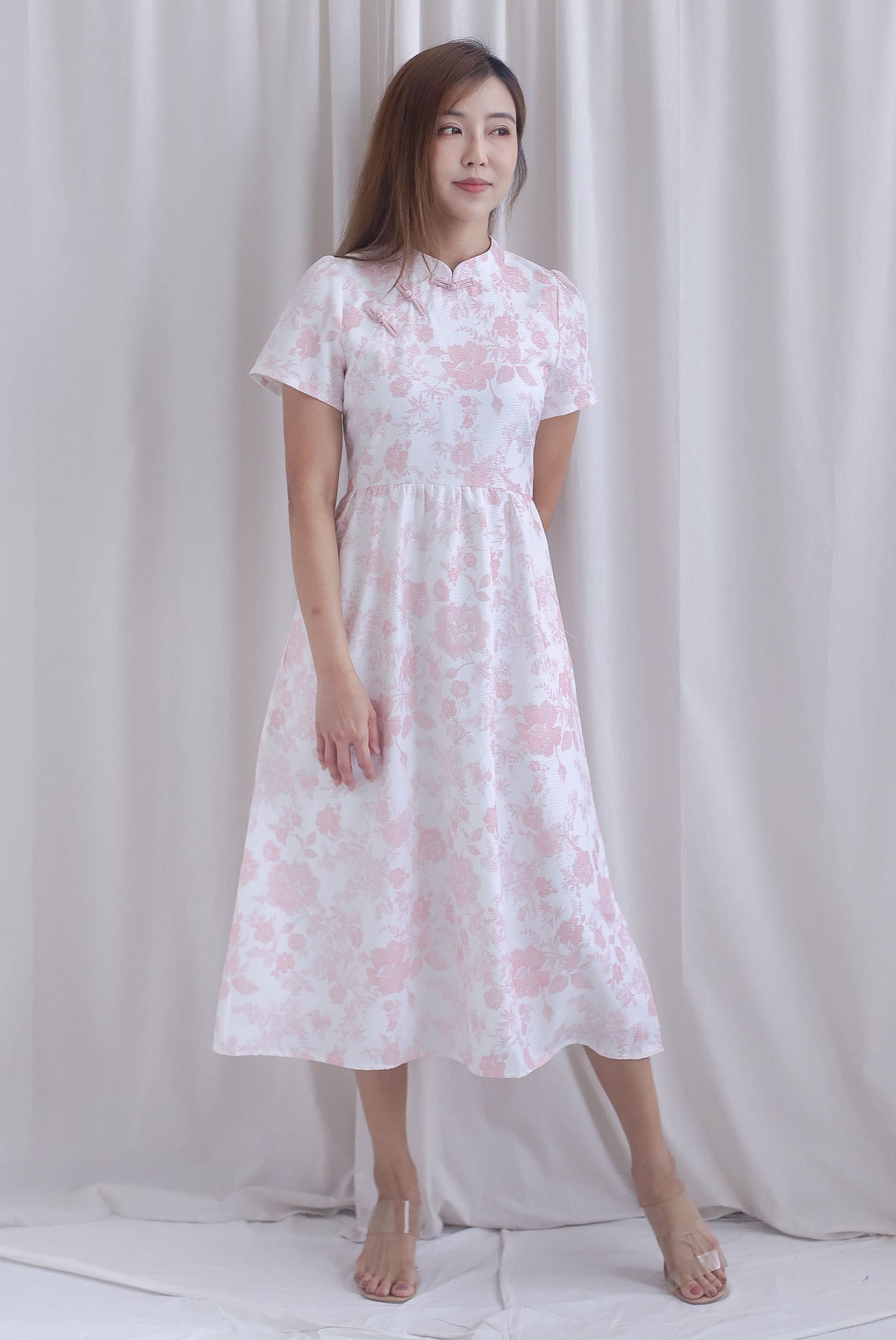 Melissa Porcelain Sleeve Skater Cheong Sam Dress In Pink
