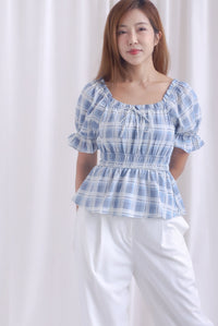 Michelle Plaids Sleeve Peplum Top In Blue