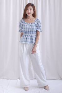 Michelle Plaids Sleeve Peplum Top In Blue