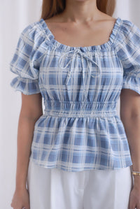 Michelle Plaids Sleeve Peplum Top In Blue