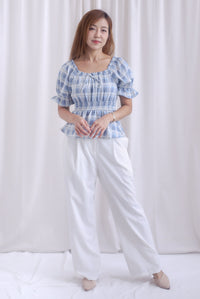 Michelle Plaids Sleeve Peplum Top In Blue