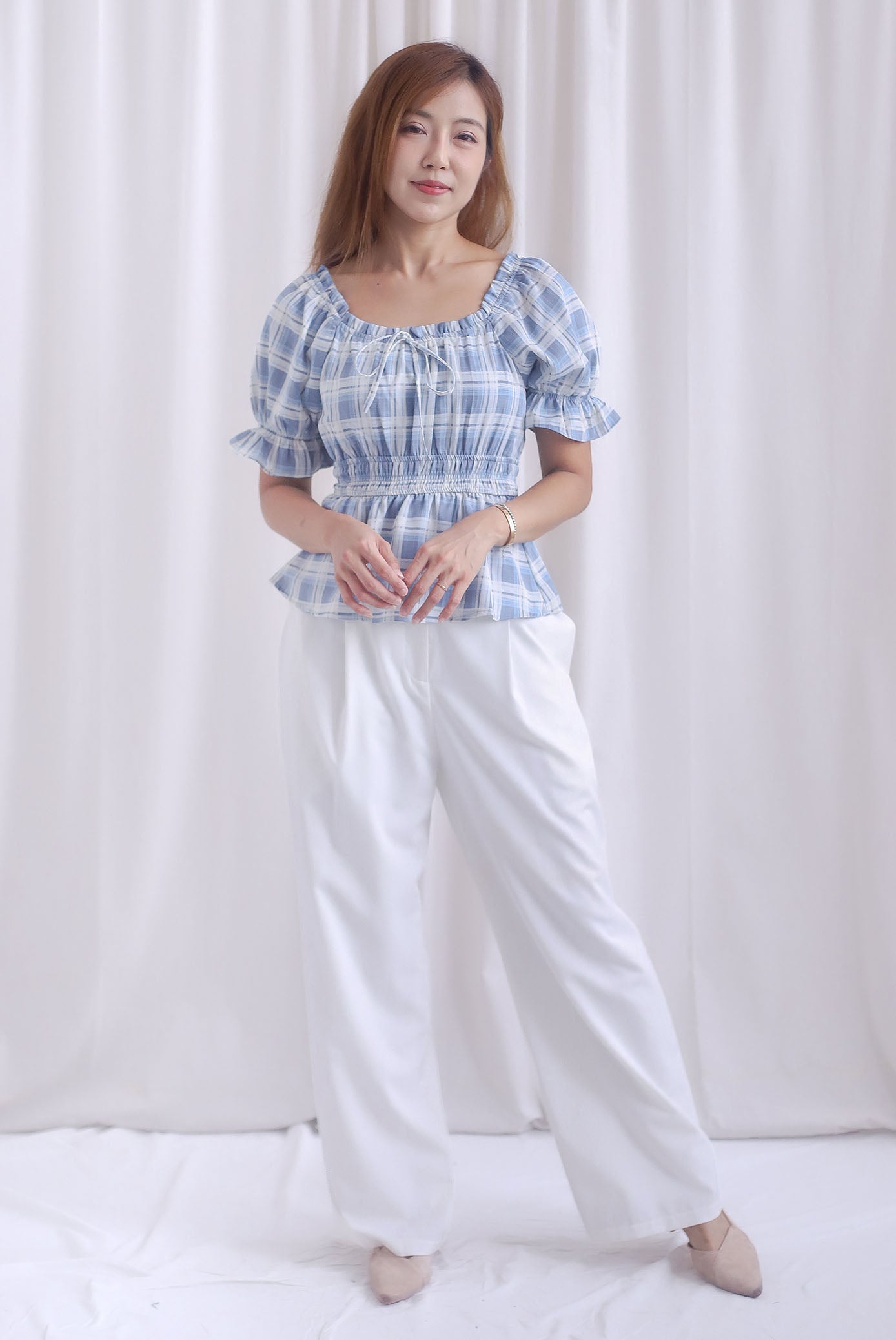 Michelle Plaids Sleeve Peplum Top In Blue