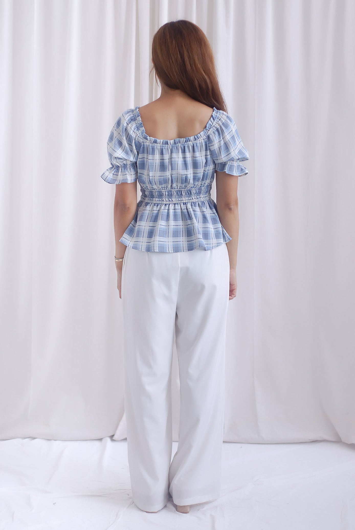 Michelle Plaids Sleeve Peplum Top In Blue