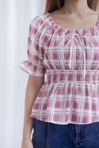 Michelle Plaids Sleeve Peplum Top In Magenta