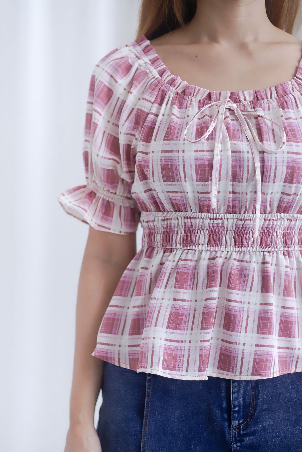 Michelle Plaids Sleeve Peplum Top In Magenta