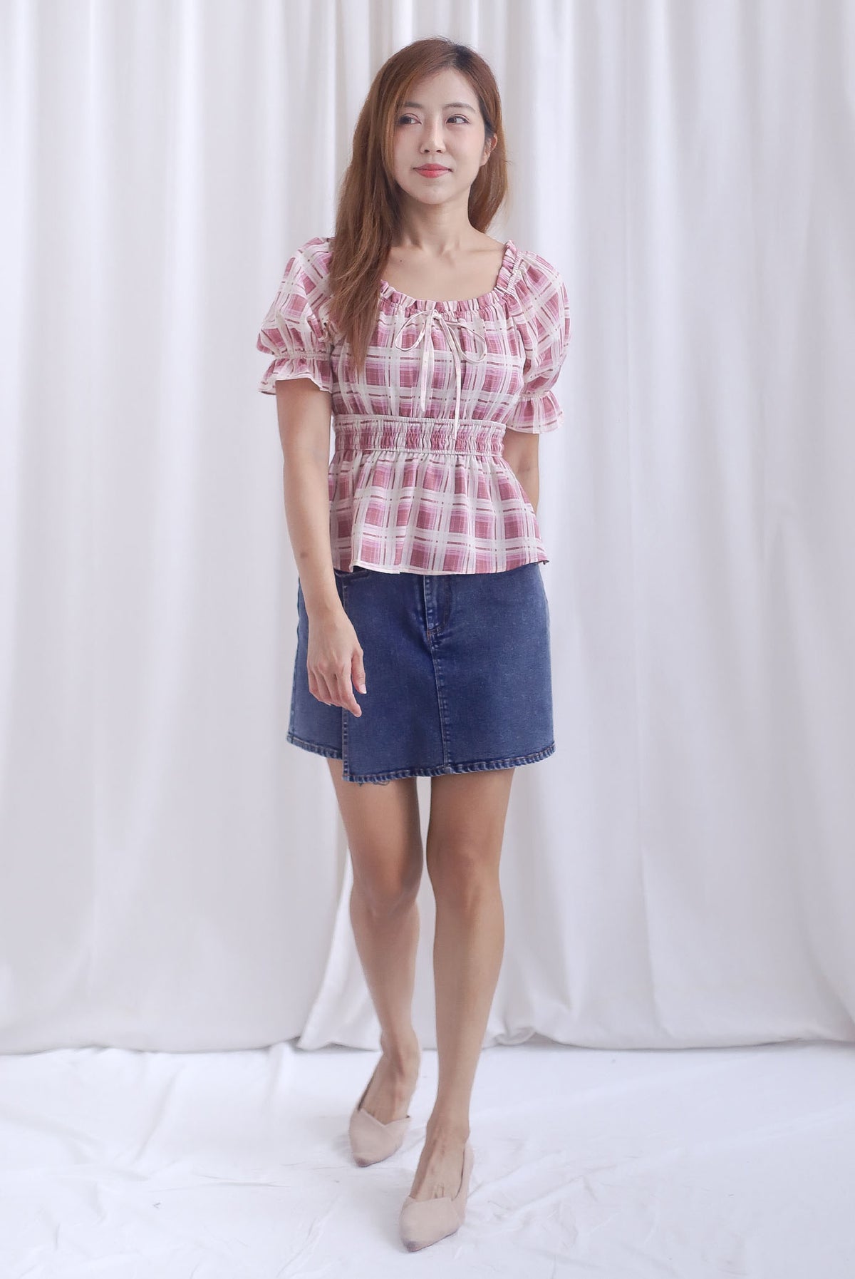 Michelle Plaids Sleeve Peplum Top In Magenta