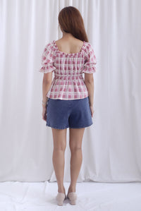 Michelle Plaids Sleeve Peplum Top In Magenta