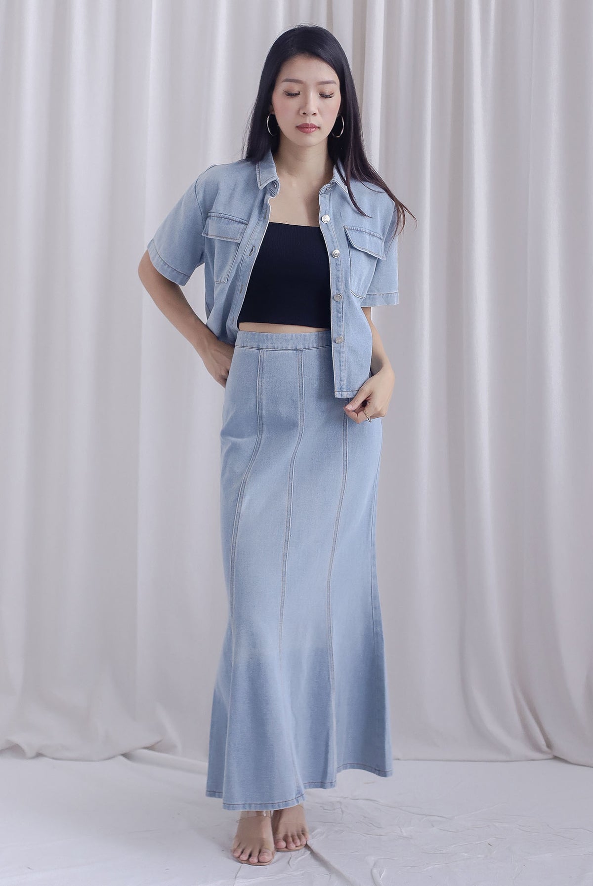 Mikaela Denim Panel Maxi Skirt In Light Wash