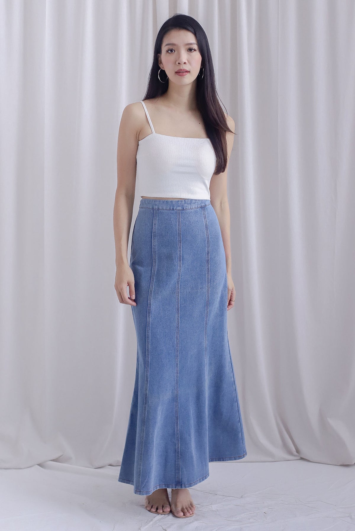 Mikaela Denim Panel Maxi Skirt In Mid Wash – The Design Closets