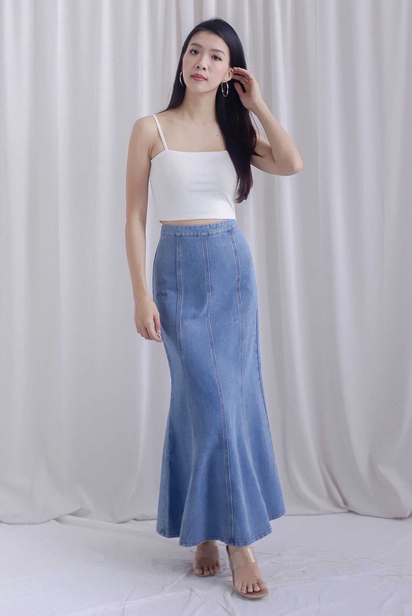 Mikaela Denim Panel Maxi Skirt In Mid Wash