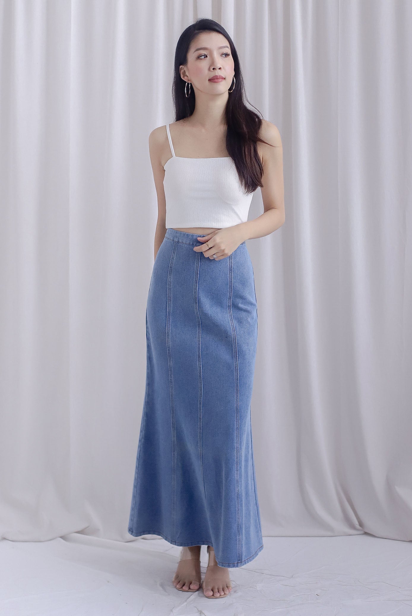 Mikaela Denim Panel Maxi Skirt In Mid Wash