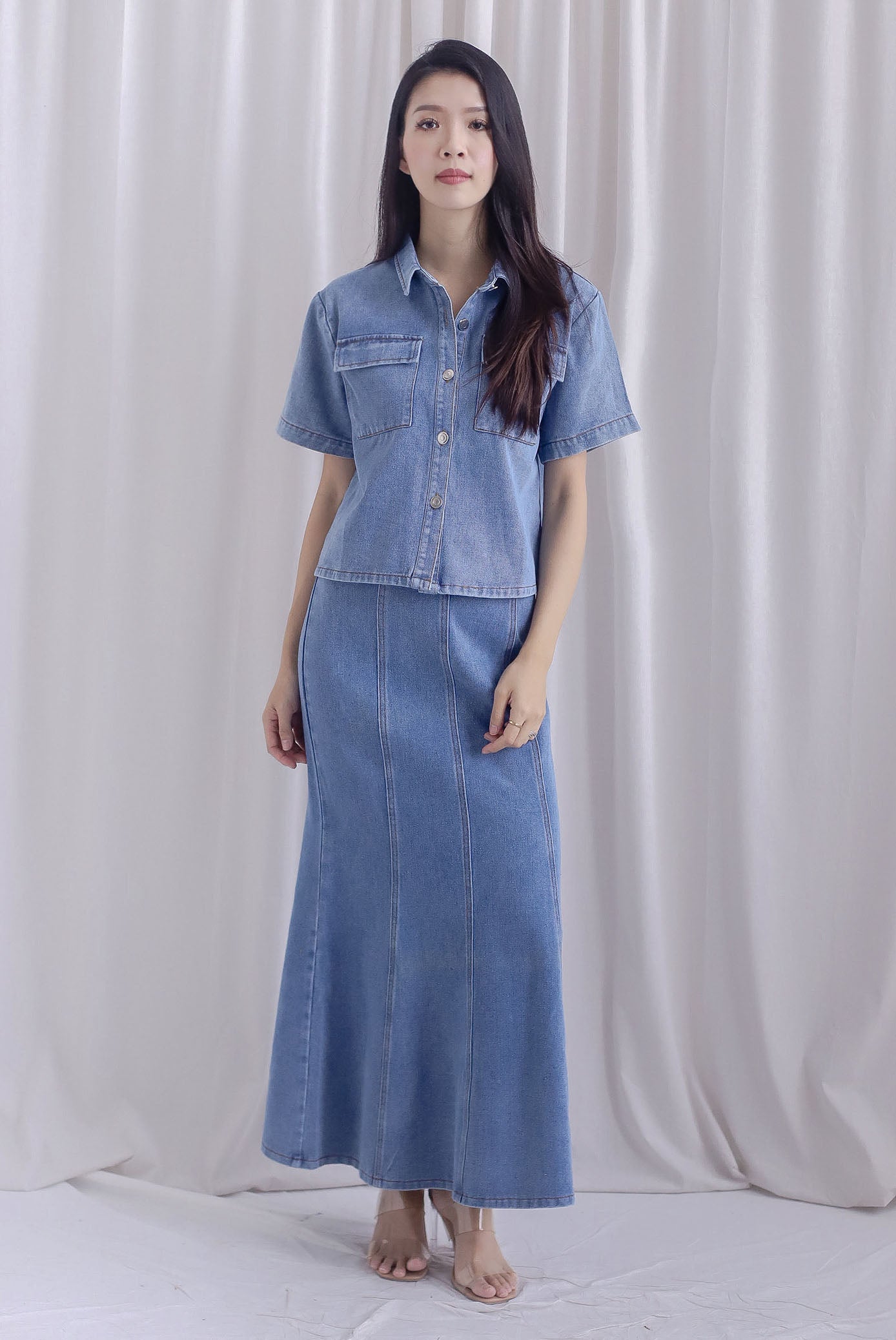 Mikaela Denim Panel Maxi Skirt In Mid Wash