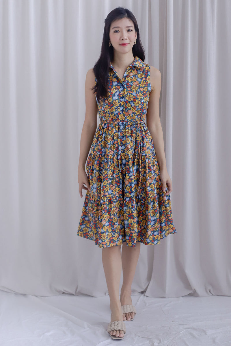 Milani Buttons Down Floral Dress In Navy/Yellow