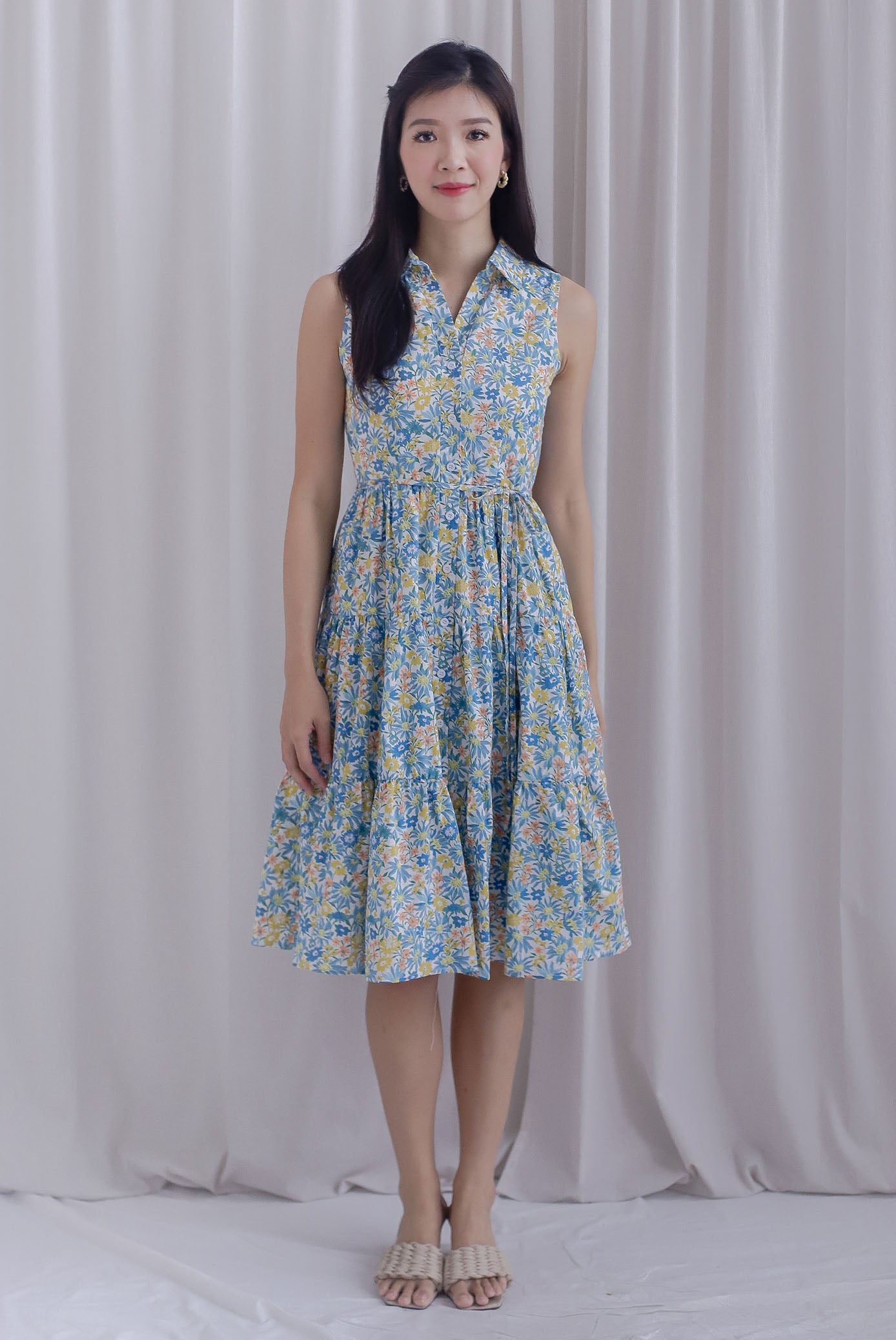 Milani Buttons Down Floral Dress In White/Blue