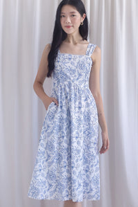 Mirabelle Porcelain Lattice Pintuck Midi Dress In Blue