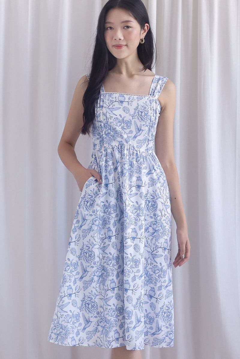 Mirabelle Porcelain Lattice Pintuck Midi Dress In Blue