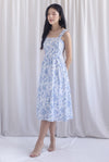 Mirabelle Porcelain Lattice Pintuck Midi Dress In Blue