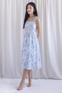 Mirabelle Porcelain Lattice Pintuck Midi Dress In Blue