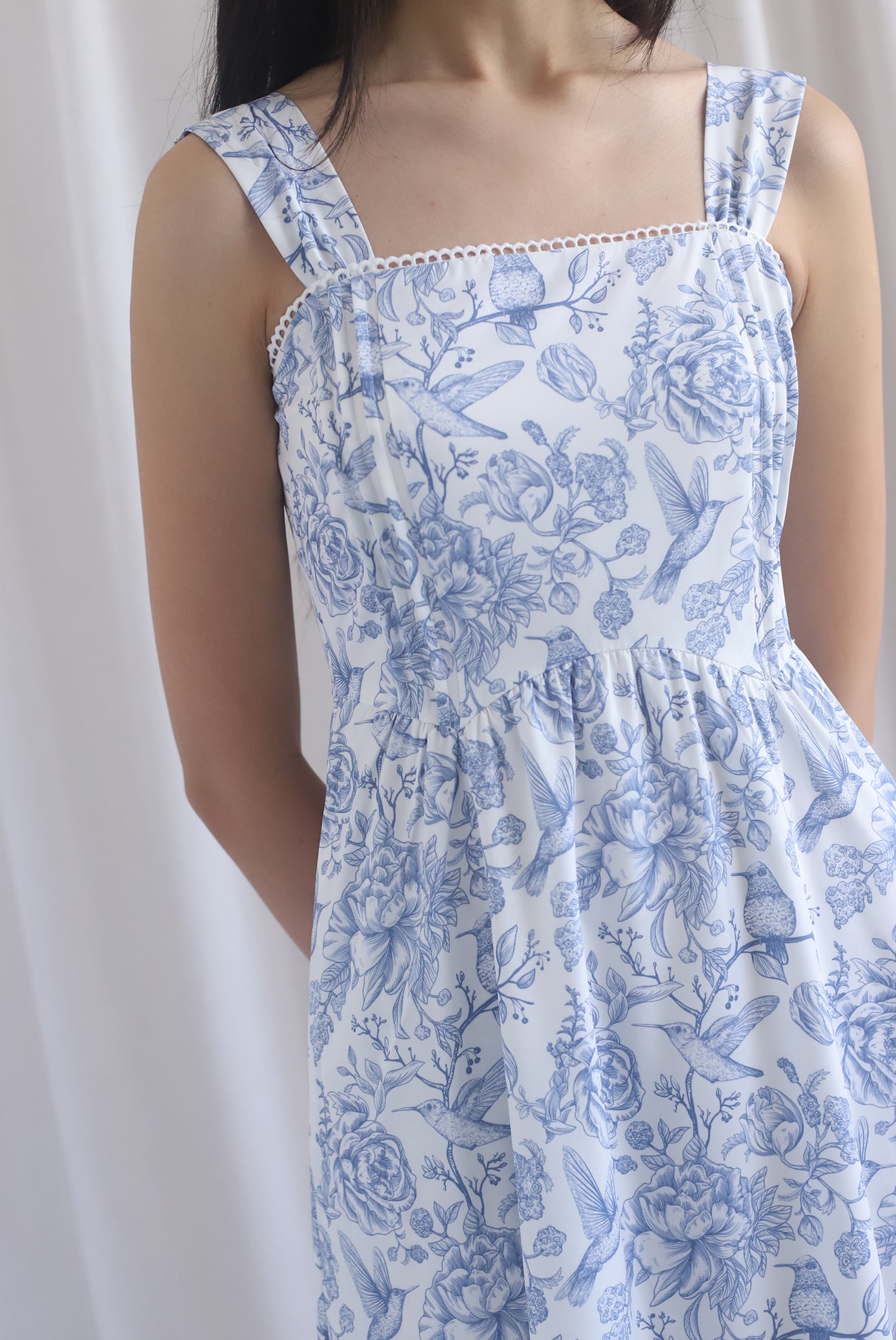 Mirabelle Porcelain Lattice Pintuck Midi Dress In Blue