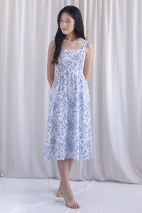 Mirabelle Porcelain Lattice Pintuck Midi Dress In Blue