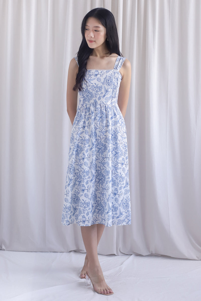Mirabelle Porcelain Lattice Pintuck Midi Dress In Blue