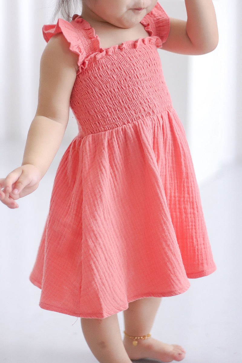 *KIDS* Bliss Ruffle Strap Smock Dress In Coral