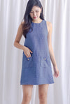 Monalise Tweed Button Pocket Shift Dress In Blue