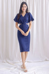 Moritz Tweed Puffy Sleeve Twist Knot Cut Out Dress In Navy Blue