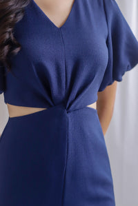 Moritz Tweed Puffy Sleeve Twist Knot Cut Out Dress In Navy Blue