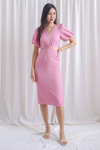 Moritz Tweed Puffy Sleeve Twist Knot Cut Out Dress In Pink