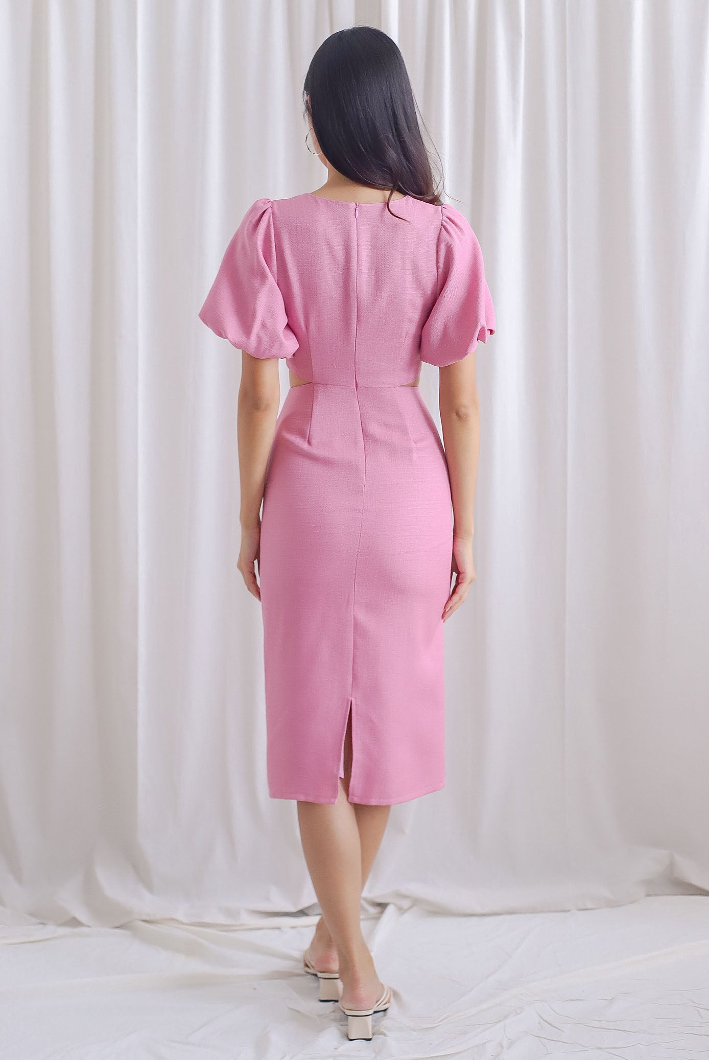 Moritz Tweed Puffy Sleeve Twist Knot Cut Out Dress In Pink