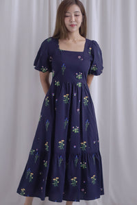 Mosley Floral Stalk Embro Puffy Sleeve Dress In Navy Blue