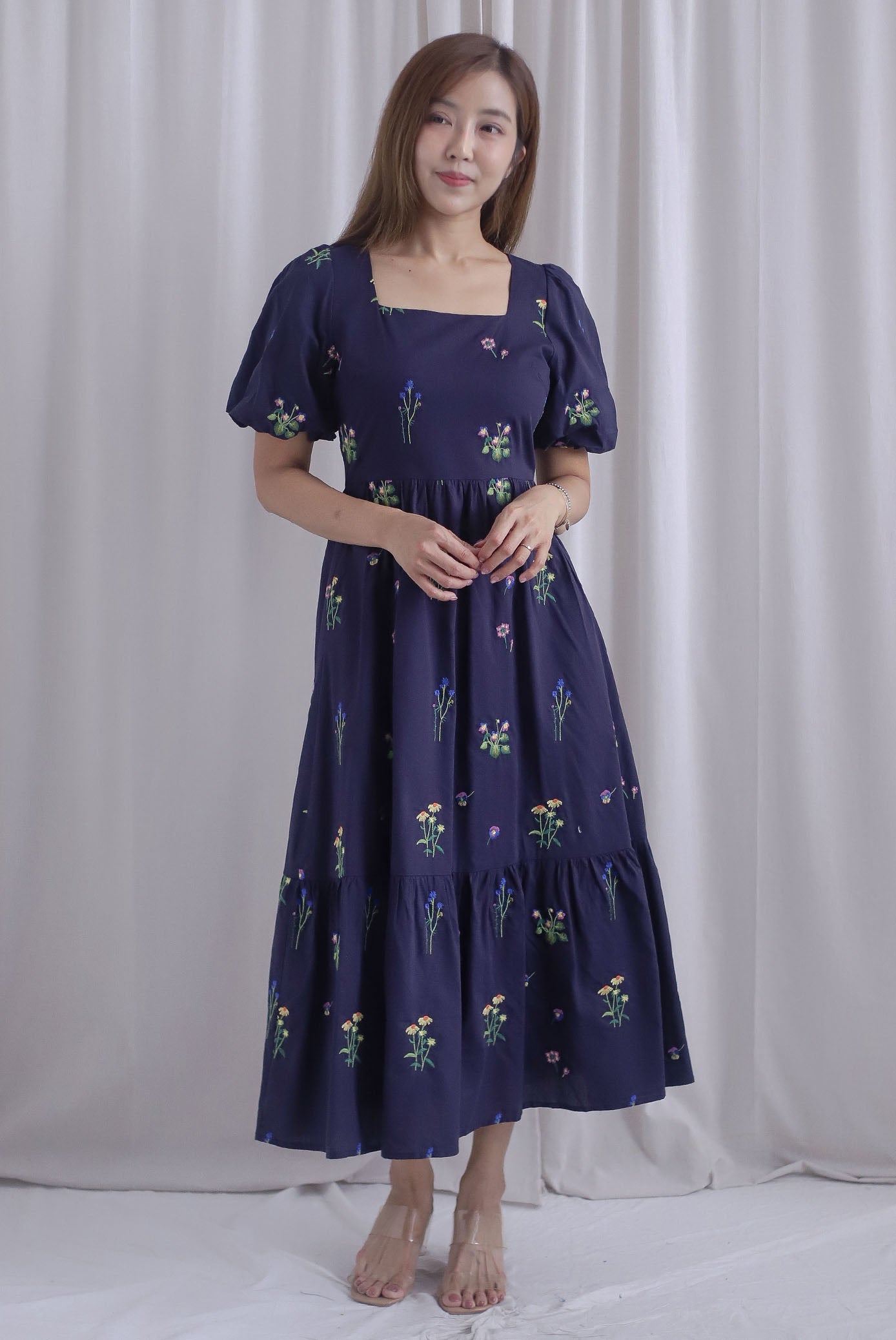 Mosley Floral Stalk Embro Puffy Sleeve Dress In Navy Blue