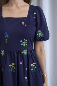 Mosley Floral Stalk Embro Puffy Sleeve Dress In Navy Blue