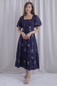 Mosley Floral Stalk Embro Puffy Sleeve Dress In Navy Blue