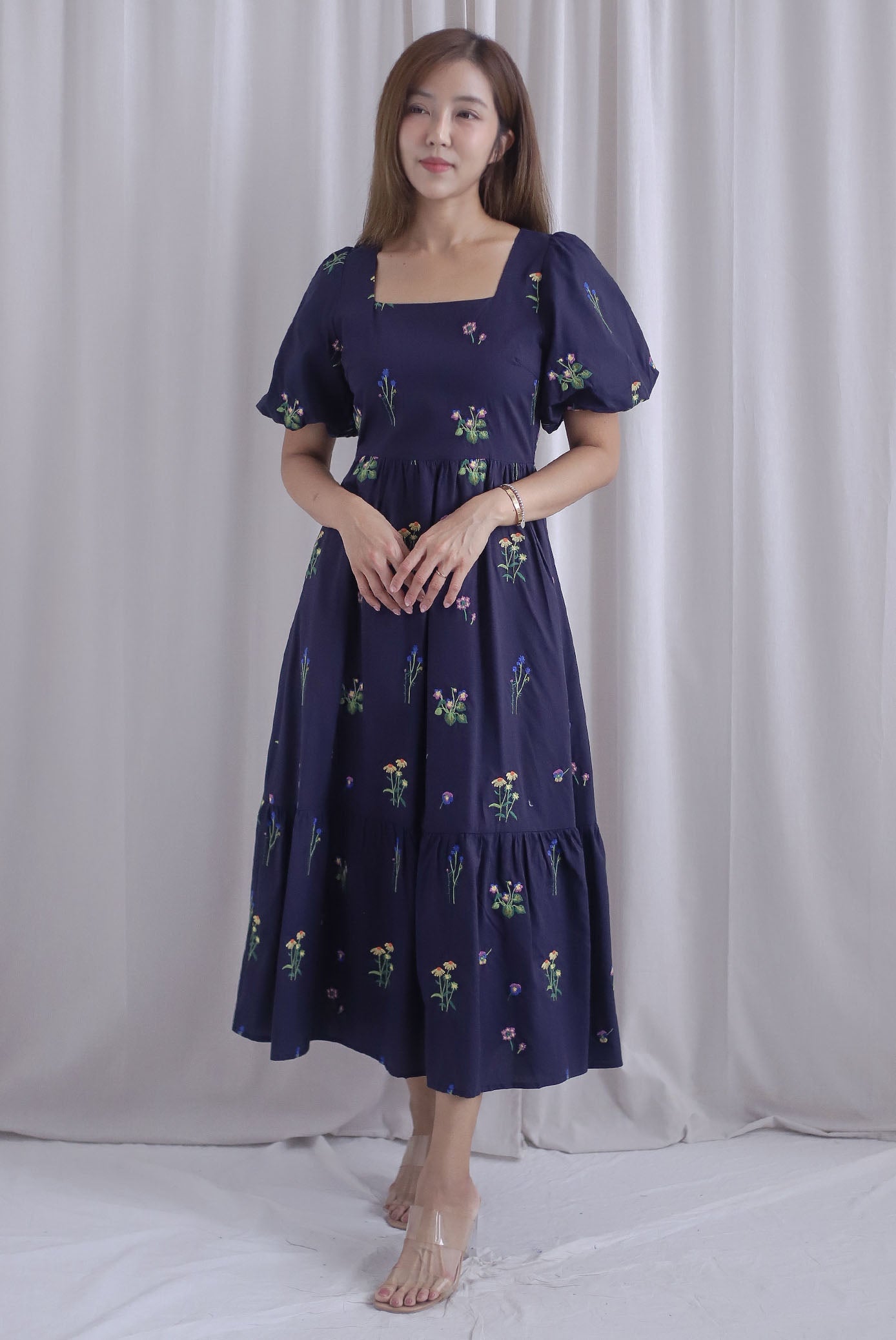 Mosley Floral Stalk Embro Puffy Sleeve Dress In Navy Blue